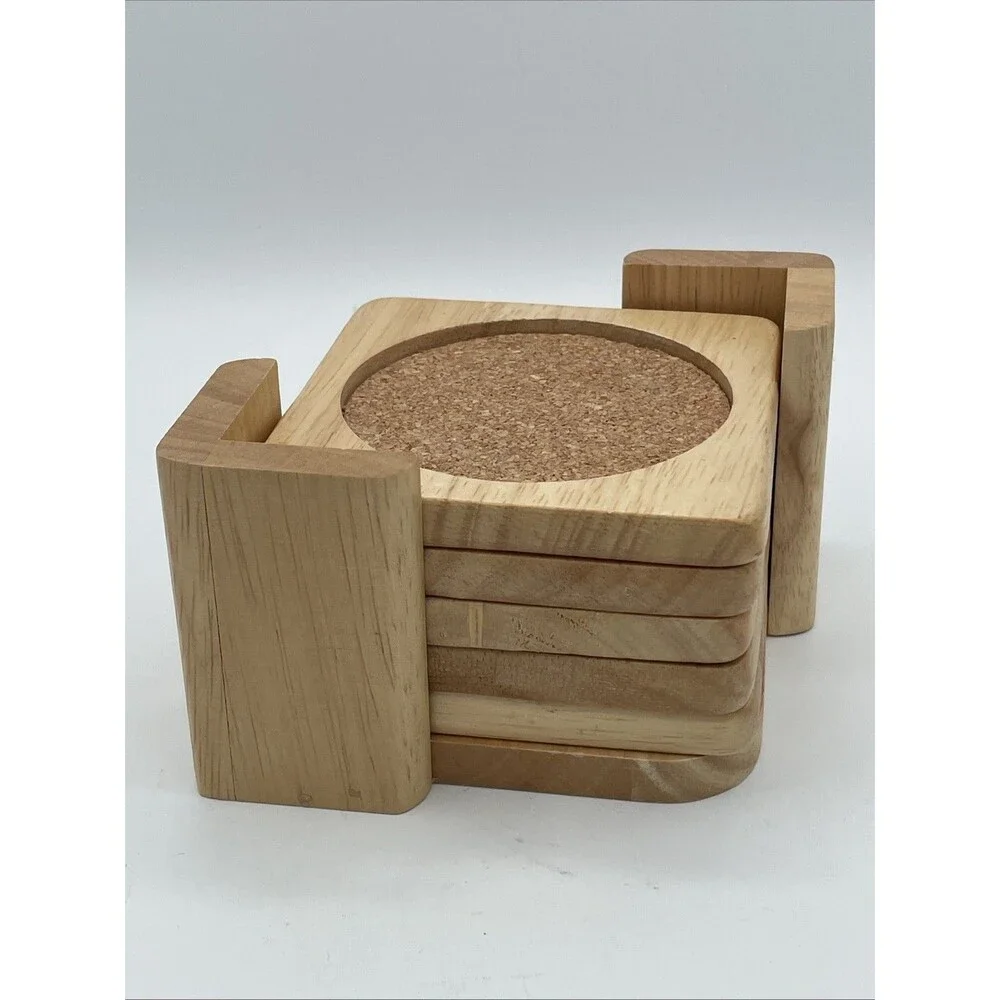 Set Of 5 MCM Vintage Light Wood Drink Coaster Set with Holder CORK TAIWAN